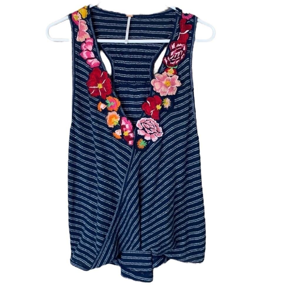 Free People Frida Tank Top Blue Striped Surplice Floral Applique Size Medium